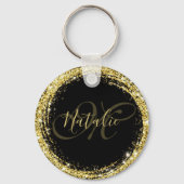 Gold Glitter Monogram Naam Zwart Glamoureus Sleutelhanger (Achterkant)