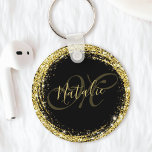 Gold Glitter Monogram Naam Zwart Glamoureus Sleutelhanger<br><div class="desc">Pas deze luxe glazen goudglitter sleutelhanger eenvoudig aan met uw eigen naam en monogram.</div>