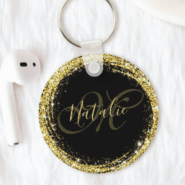 Gold Glitter Monogram Naam Zwart Glamoureus Sleutelhanger