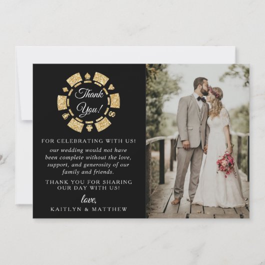 Gold Glitter Monogram Poker Chip Casino Wedding Bedankkaart (Voorkant)