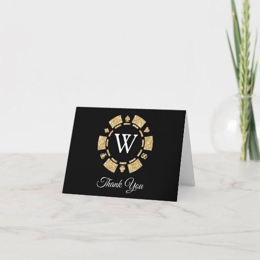 Gold Glitter Monogram Poker Chip Casino Wedding Bedankkaart (Voorkant)