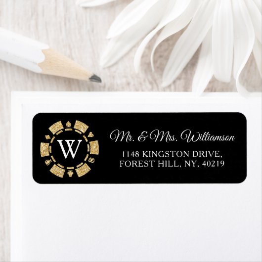 Gold Glitter Monogram Poker Chip Casino Wedding Etiket (Insitu)