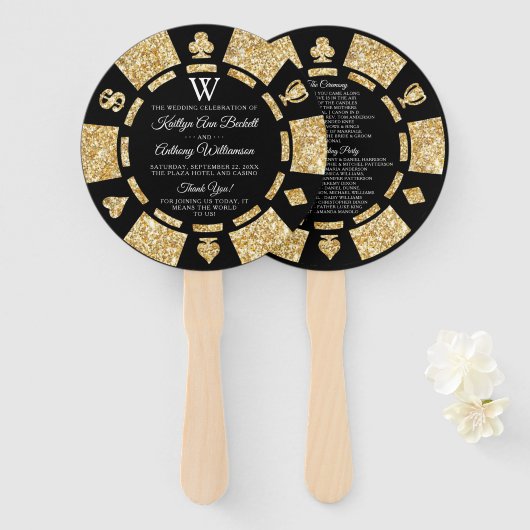 Gold Glitter Monogram Poker Chip Casino Wedding Handwaaier (Voorkant en achterkant)
