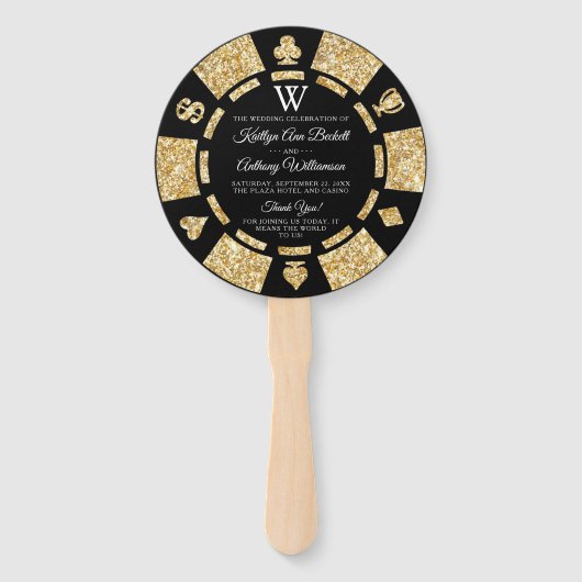 Gold Glitter Monogram Poker Chip Casino Wedding Handwaaier (Voorkant)
