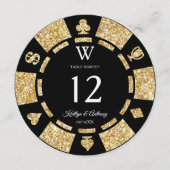 Gold Glitter Monogram Poker Chip Casino Wedding Kaart (Voorkant)