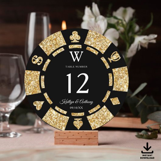Gold Glitter Monogram Poker Chip Casino Wedding Kaart