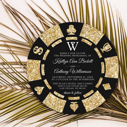 Gold Glitter Monogram Poker Chip Casino Wedding Kaart