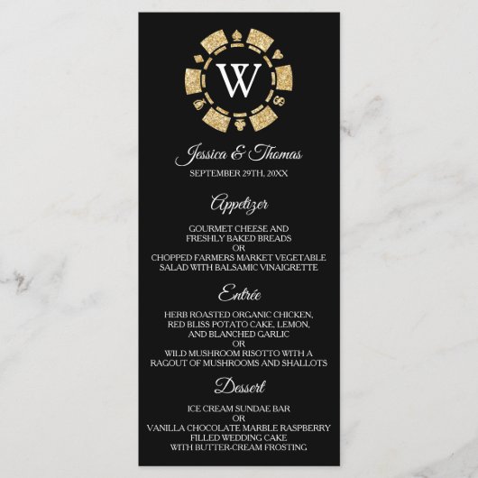 Gold Glitter Monogram Poker Chip Casino Wedding Menu (Voorkant)