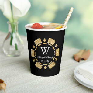 Gold Glitter Monogram Poker Chip Casino Wedding Papieren Bekers