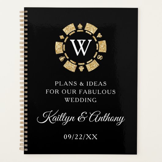 Gold Glitter Monogram Poker Chip Casino Wedding Planner (Voorkant)