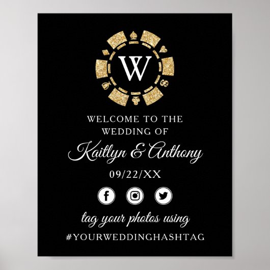 Gold Glitter Monogram Poker Chip Casino Wedding Poster (Voorkant)