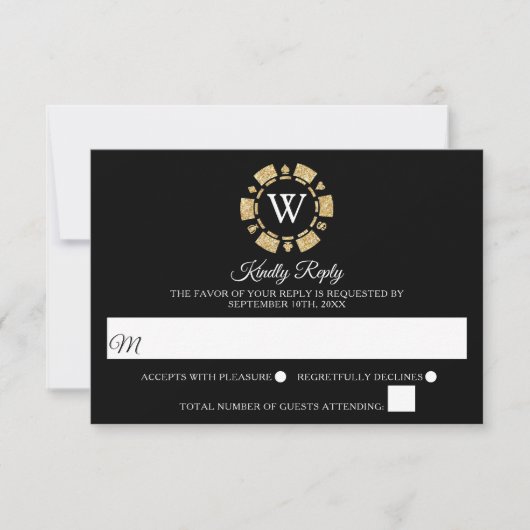Gold Glitter Monogram Poker Chip Casino Wedding RSVP Kaartje (Voorkant)