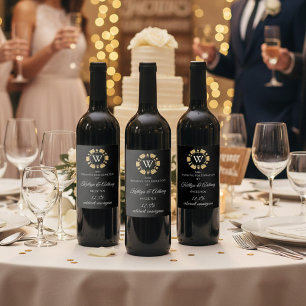 Gold Glitter Monogram Poker Chip Casino Wedding Wijn Etiket