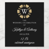 Gold Glitter Monogram Poker Chip Casino Wedding Wijn Etiket (Enkel label)