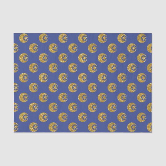 Gold Glitter Moon and Stars on Blue Tissuepapier (Voorkant)