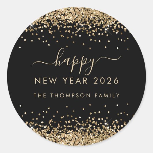 Gold Glitter Name Black Happy New Year 2026 Ronde Sticker (Voorkant)
