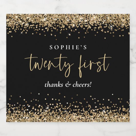 Gold Glitter Name Cheers 21st Black Sparkling Wijnetiket (Enkel label)