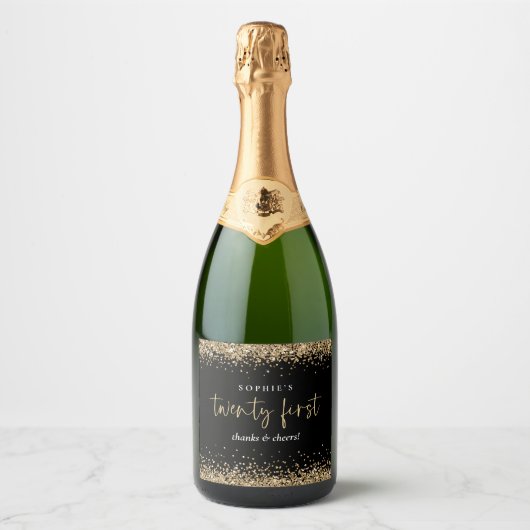 Gold Glitter Name Cheers 21st Black Sparkling Wijnetiket (Voorkant)