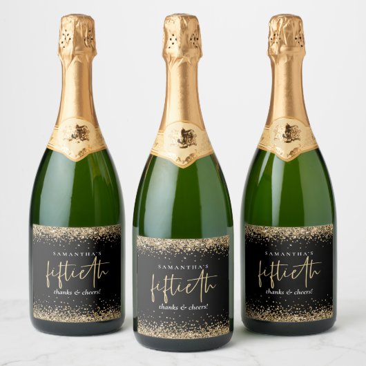 Gold Glitter Name Cheers Fiftieth Birthday Black Sparkling Wijnetiket (Flessen)