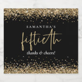 Gold Glitter Name Cheers Fiftieth Birthday Black Sparkling Wijnetiket (Enkel label)
