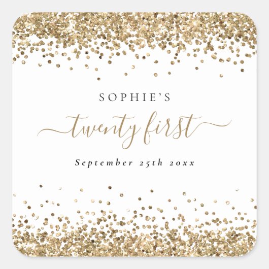 Gold Glitter Name Date 21e verjaardag Vierkante Sticker (Voorkant)