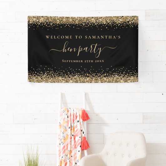Gold Glitter Name Date Welkom bij Hen Party Black Spandoek (Insitu)