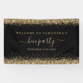 Gold Glitter Name Date Welkom bij Hen Party Black Spandoek (Horizontaal)