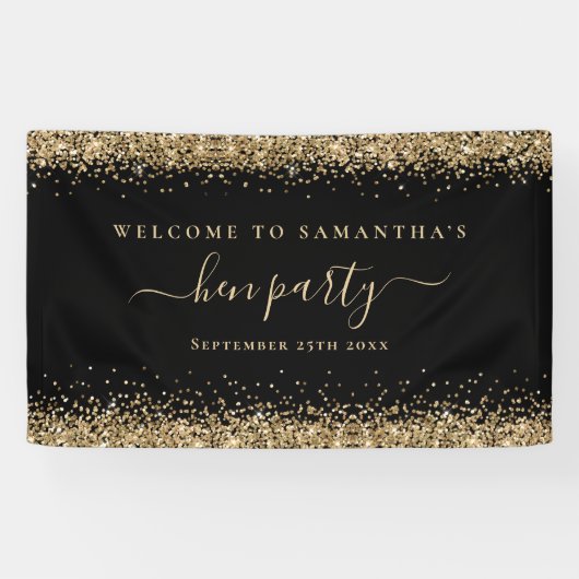 Gold Glitter Name Date Welkom bij Hen Party Black Spandoek (Horizontaal)