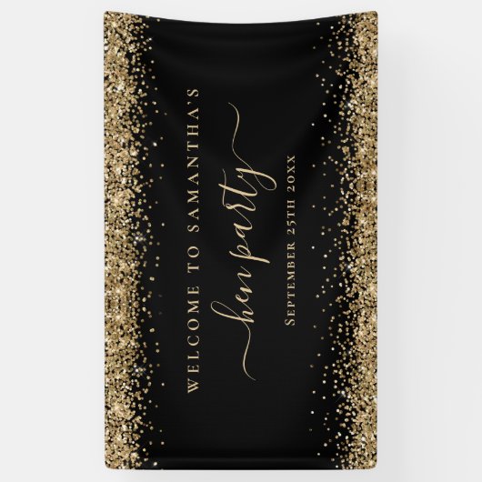 Gold Glitter Name Date Welkom bij Hen Party Black Spandoek (Verticaal)