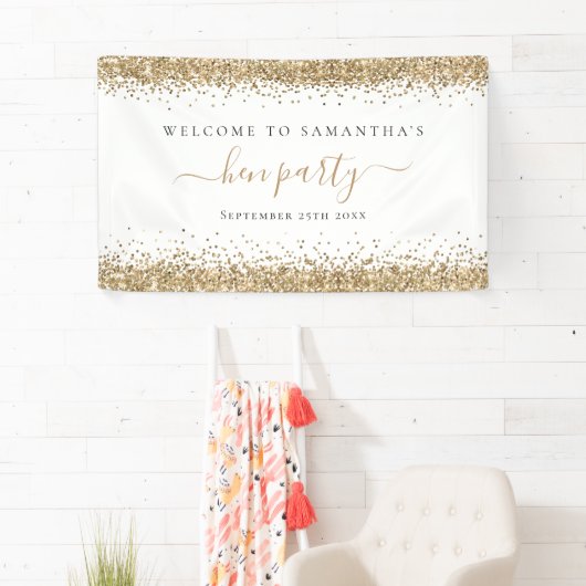 Gold Glitter Name Date Welkom bij Hen Party Spandoek (Insitu)