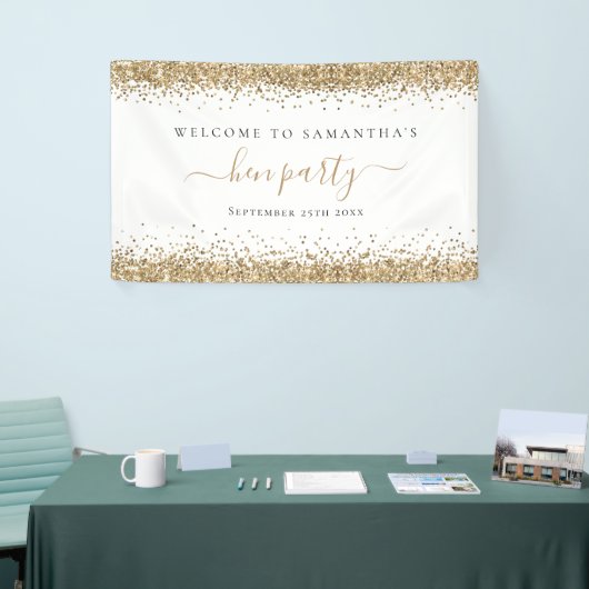 Gold Glitter Name Date Welkom bij Hen Party Spandoek (Beurs)