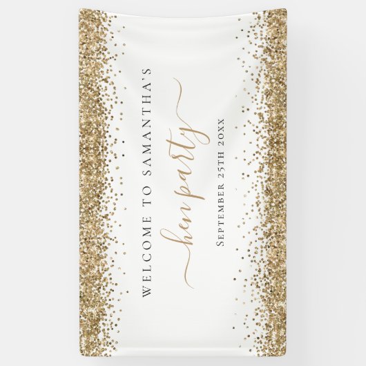 Gold Glitter Name Date Welkom bij Hen Party Spandoek (Verticaal)