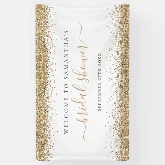 Gold Glitter Name Date Welkom in Vrijgezellenfeest Spandoek (Verticaal)