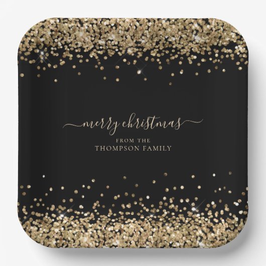 Gold Glitter Name Merry KerstBlack Papieren Bordje (Voorkant)