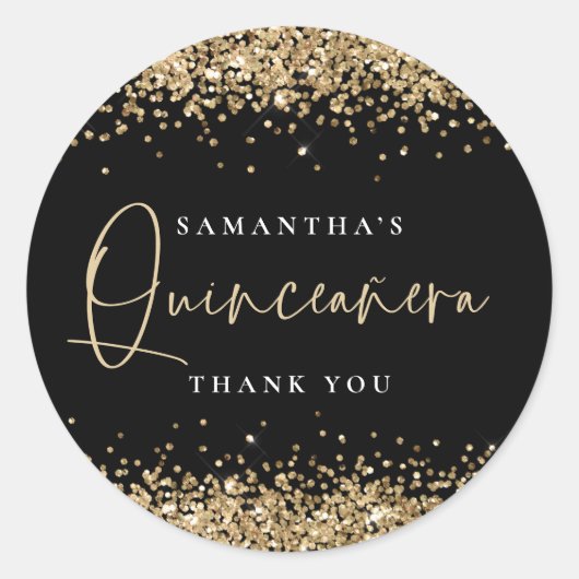 Gold Glitter Name Quinceañera Hartelijk dank, zwar Ronde Sticker (Voorkant)