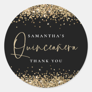 Gold Glitter Name Quinceañera Hartelijk dank, zwar Ronde Sticker