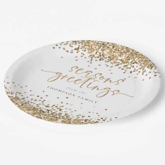 Gold Glitter Name Seasons Greetings Kerstmis Papieren Bordje (Gekanteld)