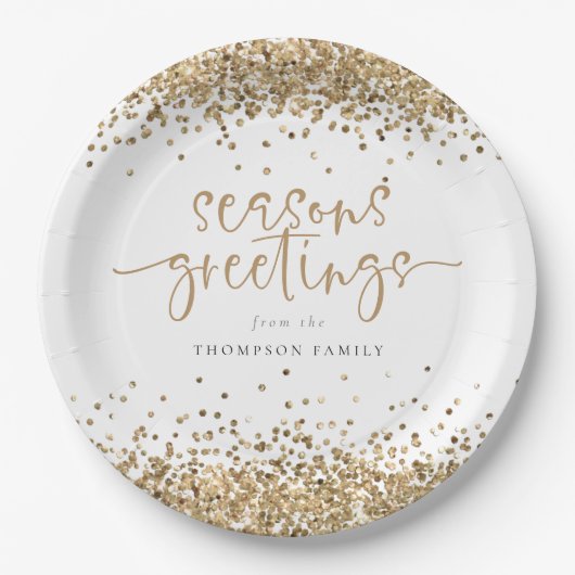 Gold Glitter Name Seasons Greetings Kerstmis Papieren Bordje (Voorkant)