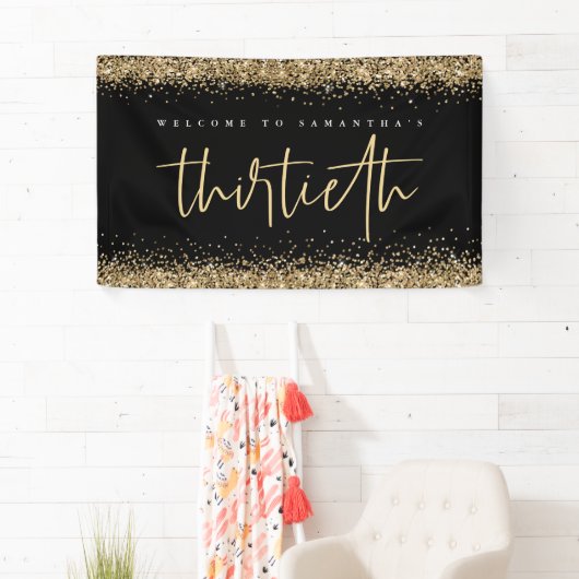 Gold Glitter Name Welkom Dertigste Party Black Spandoek (Insitu)
