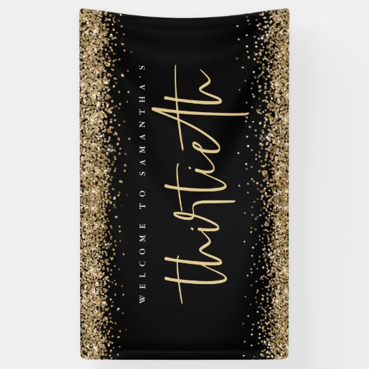 Gold Glitter Name Welkom Dertigste Party Black Spandoek (Verticaal)