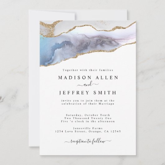 Gold Glitter & Navy Agate Stone Wedding Invitation Aankondiging (Voorkant)