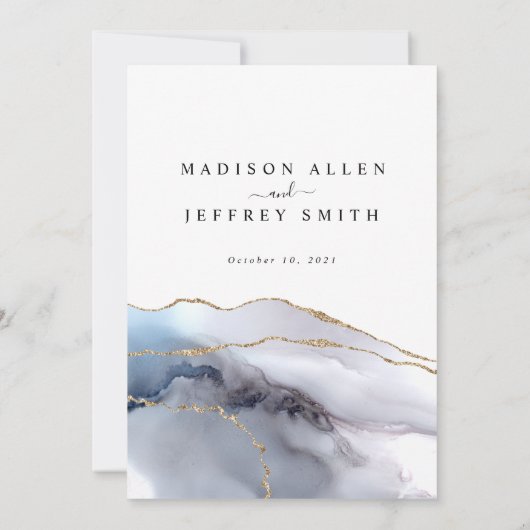 Gold Glitter & Navy Agate Stone Wedding Invitation Aankondiging (Achterkant)