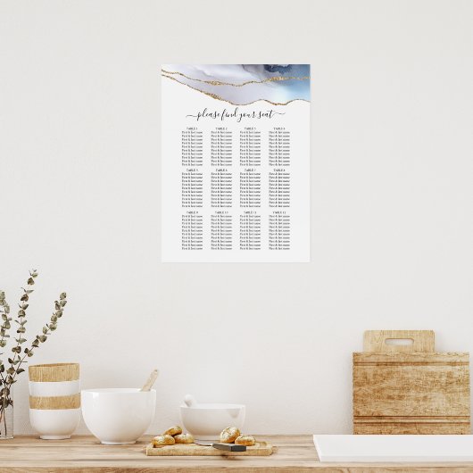 Gold Glitter & Navy Agate Wedding Seating Chart Poster (Keuken)