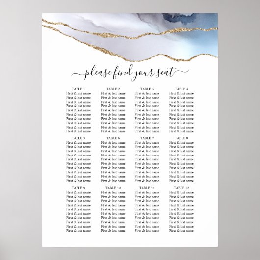 Gold Glitter & Navy Agate Wedding Seating Chart Poster (Voorkant)