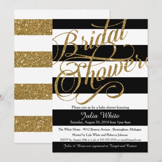 Gold Glitter Navy Black Stripe Shower Uitnodiging (Voorkant / Achterkant)