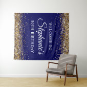 Gold Glitter Navy Blue 50Th Birthday Party Welcome Wandkleed (In Situ (horizontaal))