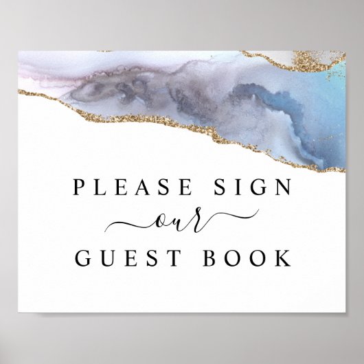 Gold Glitter & Navy Blue Agate Guest Book Sign Poster (Voorkant)