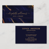 Gold Glitter Navy Blue Agate & Signature Script Visitekaartje (Voorkant / Achterkant)