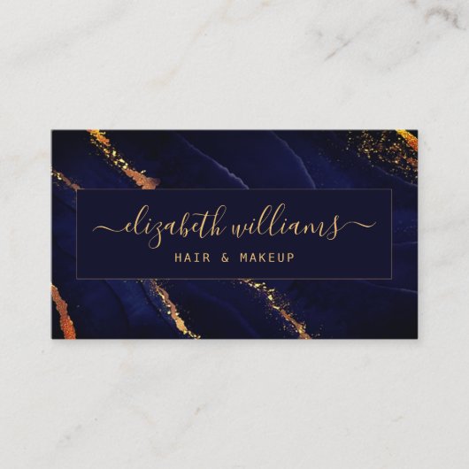 Gold Glitter Navy Blue Agate & Signature Script Visitekaartje (Voorkant)