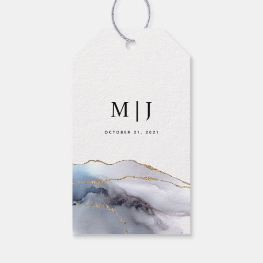 Gold Glitter & Navy Blue Agate Weddenschap Harteli Cadeaulabel (Achterkant)